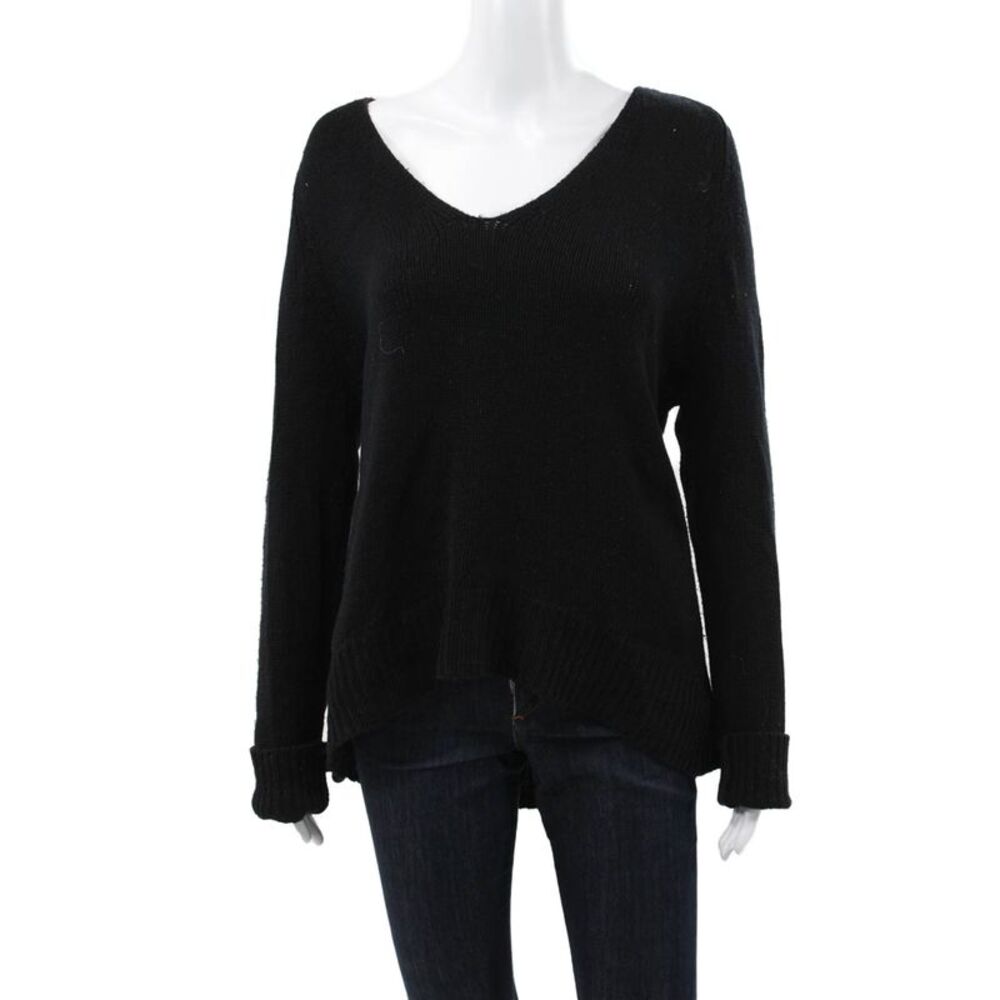 Velvet Womens Pullover Sweater Black V-Neck Wool Cashmere Long Sleeve Size L